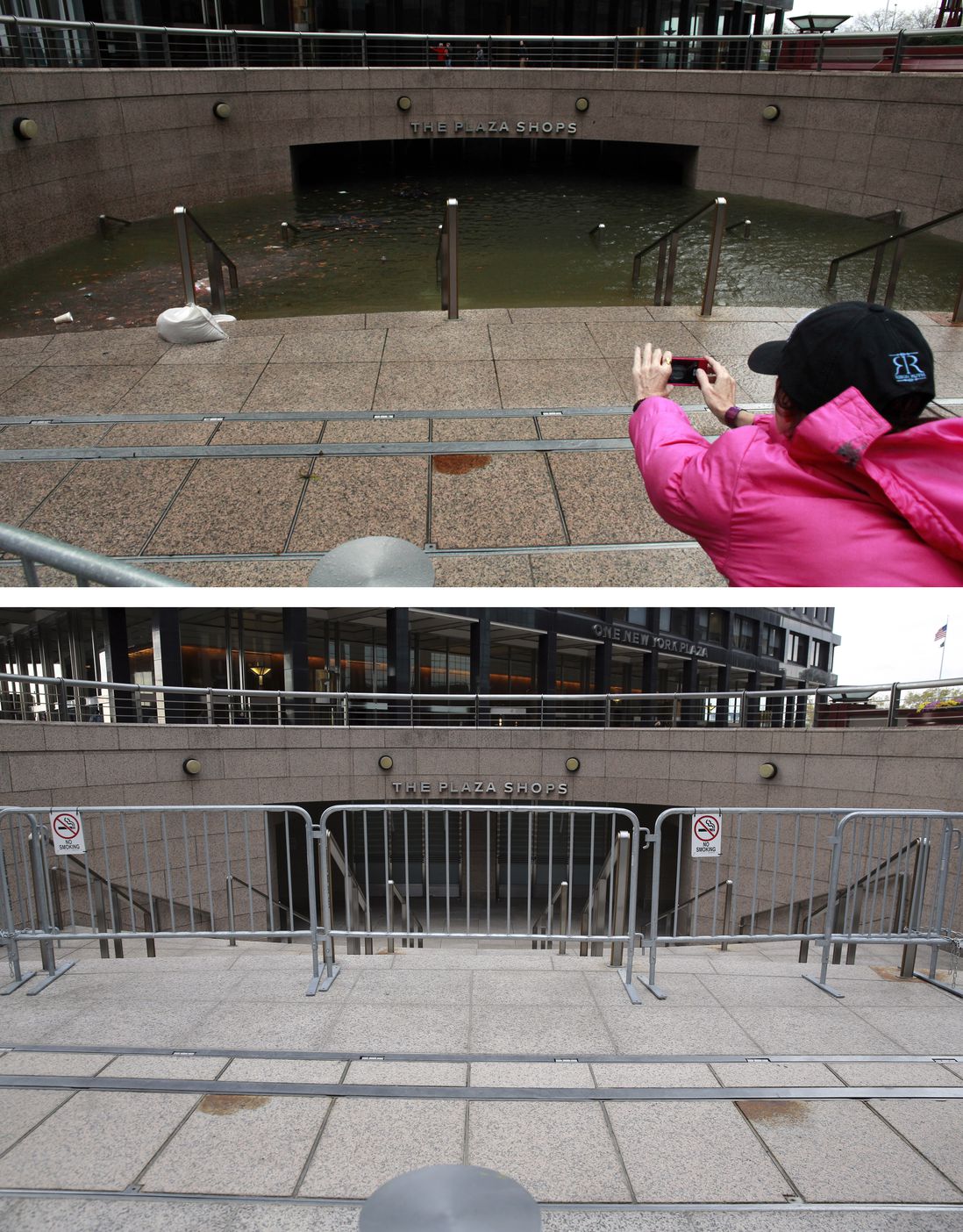[Top] Water floods the Plaza Shops in the wake of Hurricane Sandy on October 30, 2012 in New York City. [Bottom] The underground Plaza Shops in lower Manhattan remain closed due to flooding from Hurricane Sandy almost a year after the storm on October 22, 2013.